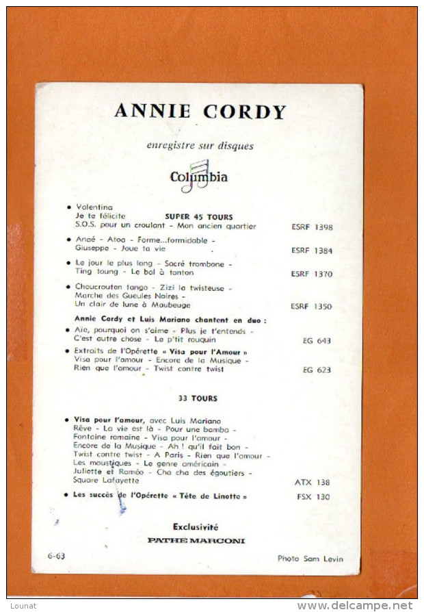 ANNIE CORDY - Pathé Marconi -autographe - Dédicace -Discographie Au Dos - Chanteurs & Musiciens