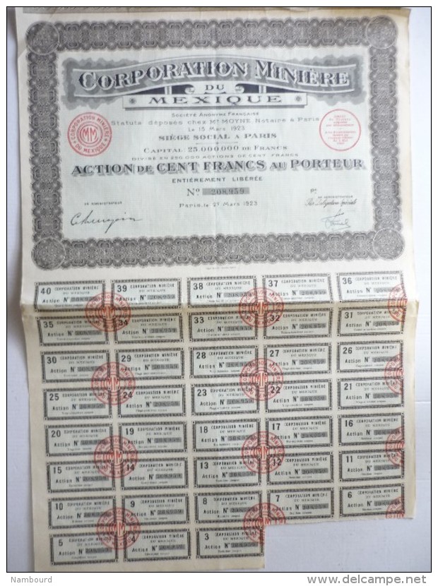 Corporation Minière Du Mexique Cinq Cents Francs N°208,959 - M - O