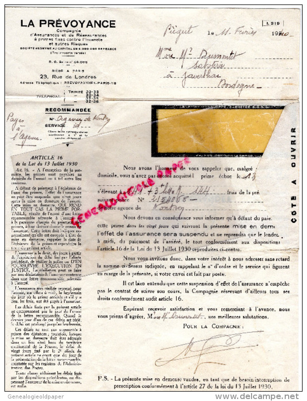 24 - PIEGUT - ASSURANCES LA PREVOYANCE - M. DUMONTET SABOTERIE JAVERLHAC- AGENCE NONTRON-1940 - 1900 – 1949