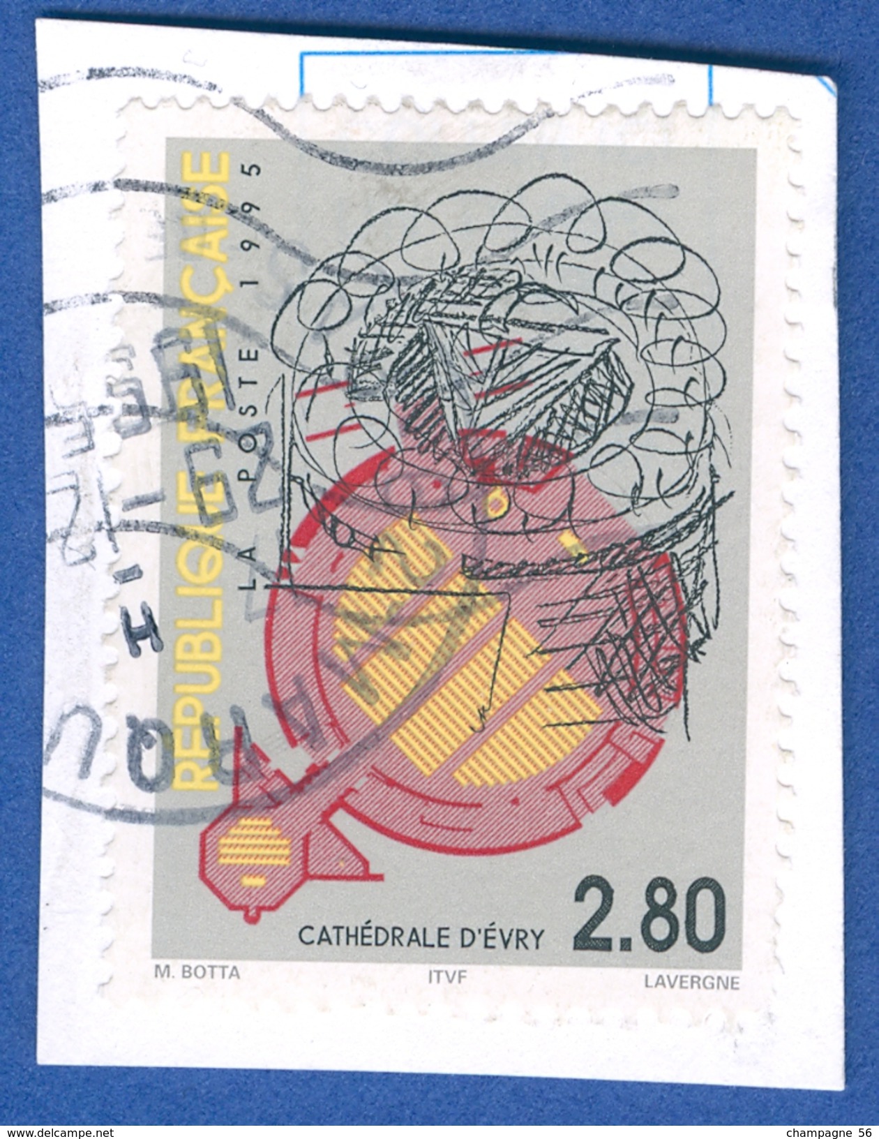 * 1995  N° 2984  LA CATHÉDRALE D’ÉVRY 29 12 . 1995 OBLITÉRÉ COLLER  SUR FRAGMENT ARTHUR 85.00 € NEUF - Oblitérés