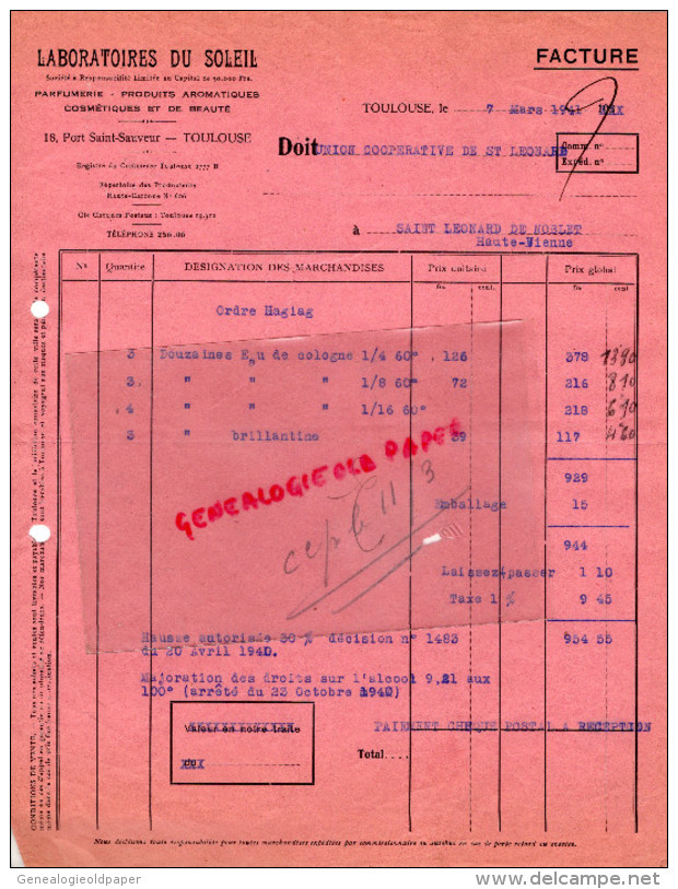 31 - TOULOUSE - FACTURE LABORATOIRES DU SOLEIL- PARFUMERIE  PARFUM- 18 PORT SAINT SAUVEUR- 1941 - Drogerie & Parfümerie