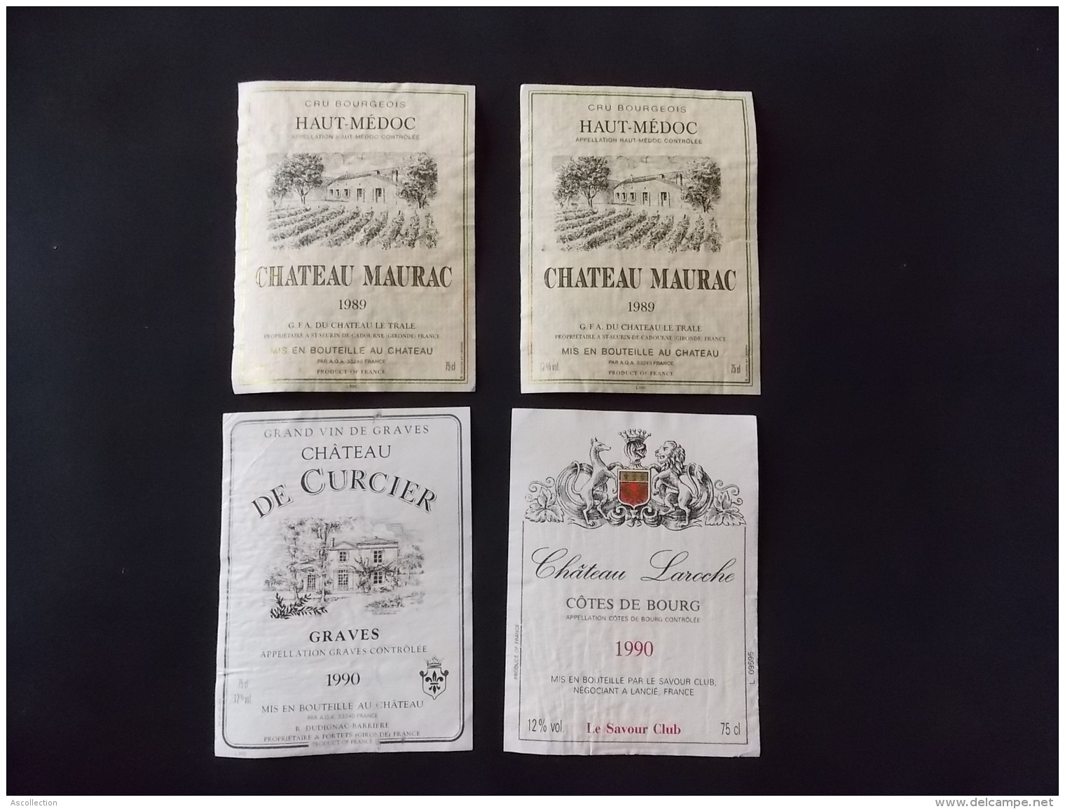 Lot De 4 Etiquettes Chateau Maurac 1989 De Curcier Grave 1990 Chateau Laroche Cotes De Bourg 1990 - Collections & Sets