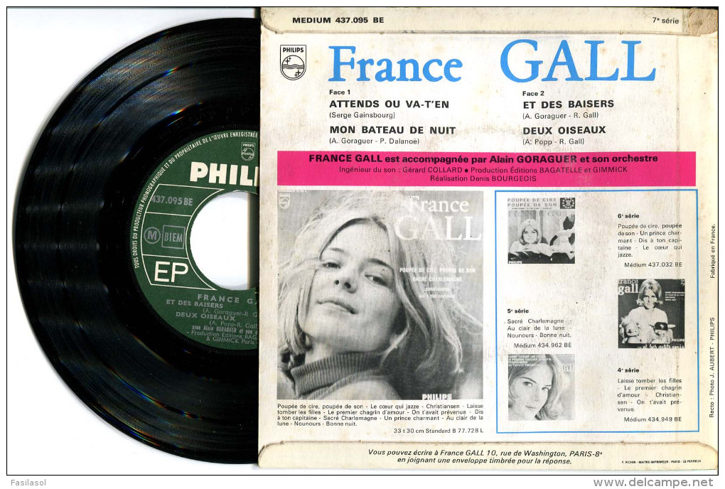 EP 45tours : FRANCE GALL  : Attends Ou Va-t'en - Et Des Baisers (1965) - Other - French Music