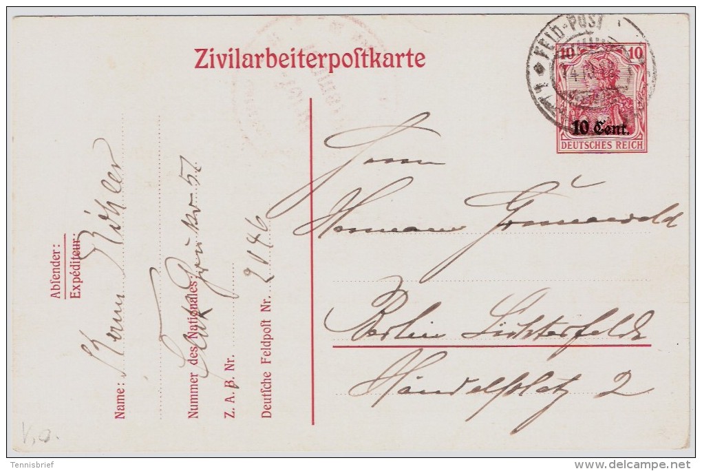 1918, " Zivilarbeiter-Postkarte " Feldpost  , #5801 - OC26/37 Etappengebiet