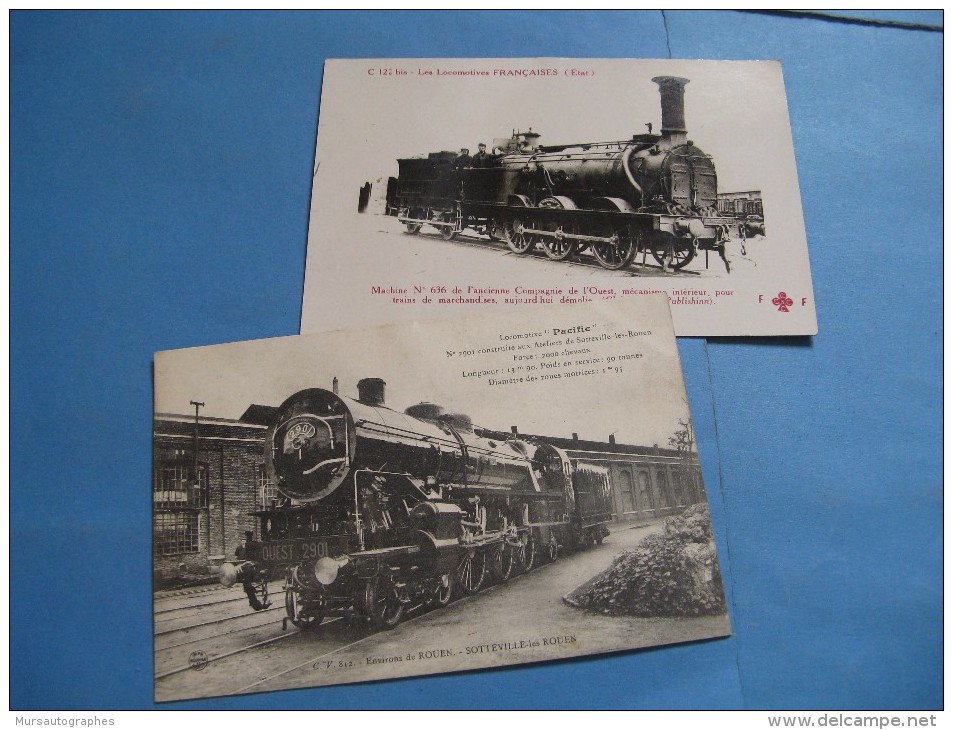 2 BELLES CARTES POSTALES LOCOMOTIVES "PACIFIC" & MACHINE 636 COMPAGNIE OUEST 1910 ROUEN CHEMINS DE FER TRAINS - Trains