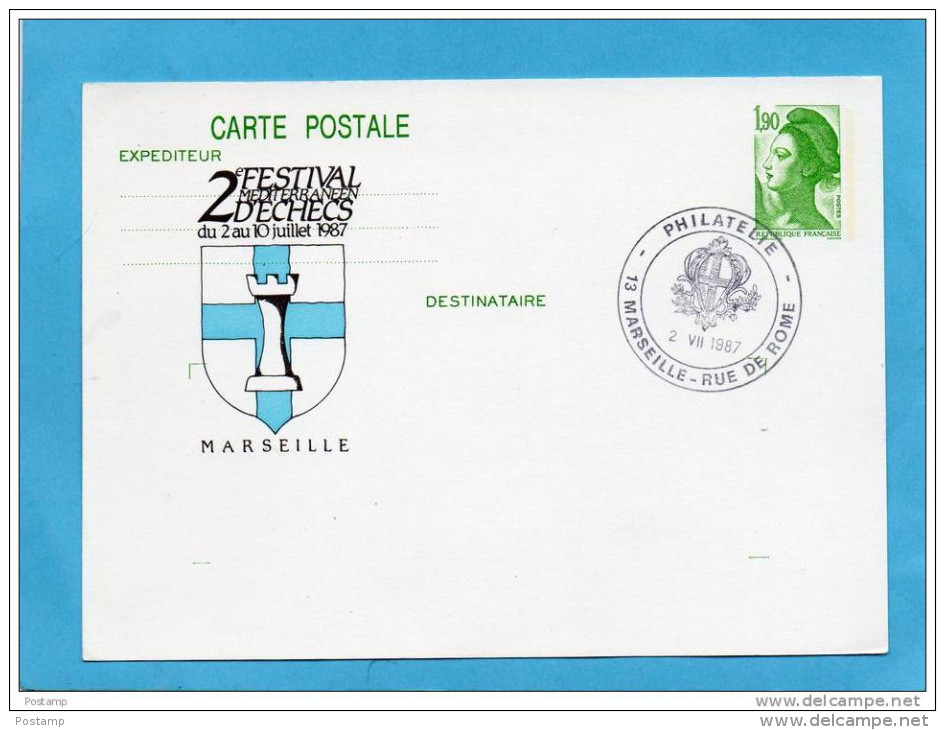 Carte Postale Entier Liberté 1,90 Vert  -repiquage-oblit +illustration "2ème Festival D'échecs -MARSEILLE 1987 - Cartes Postales Repiquages (avant 1995)