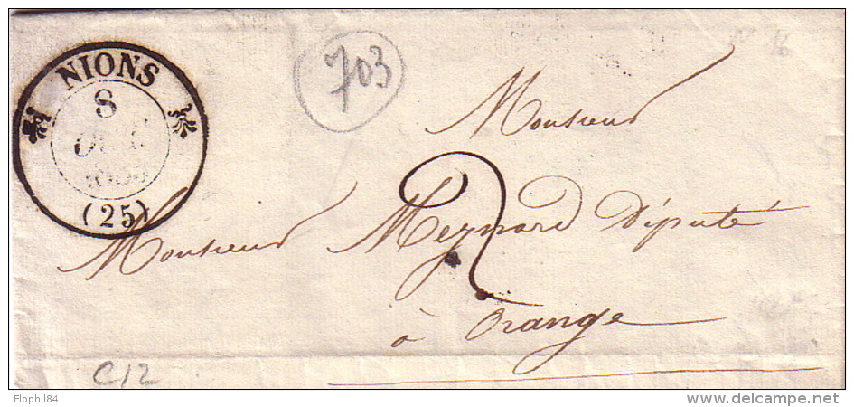 DROME - NYONS - T12 - 8-10-1835 - LETTRE AVEC TEXTE ET SIGNATURE POUR ORANGE - TAXE 2 MANUSCRITE. - 1701-1800: Precursors XVIII