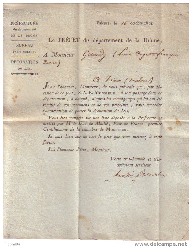 DROME - 25 MONTELIMART - SIGNATURE DU PREFET DU DEPARTEMENT DE LA DROME MARIE LOUIS HENRI D'ESCORCHES MARQUIS DE STE CRO - 1801-1848: Vorläufer XIX