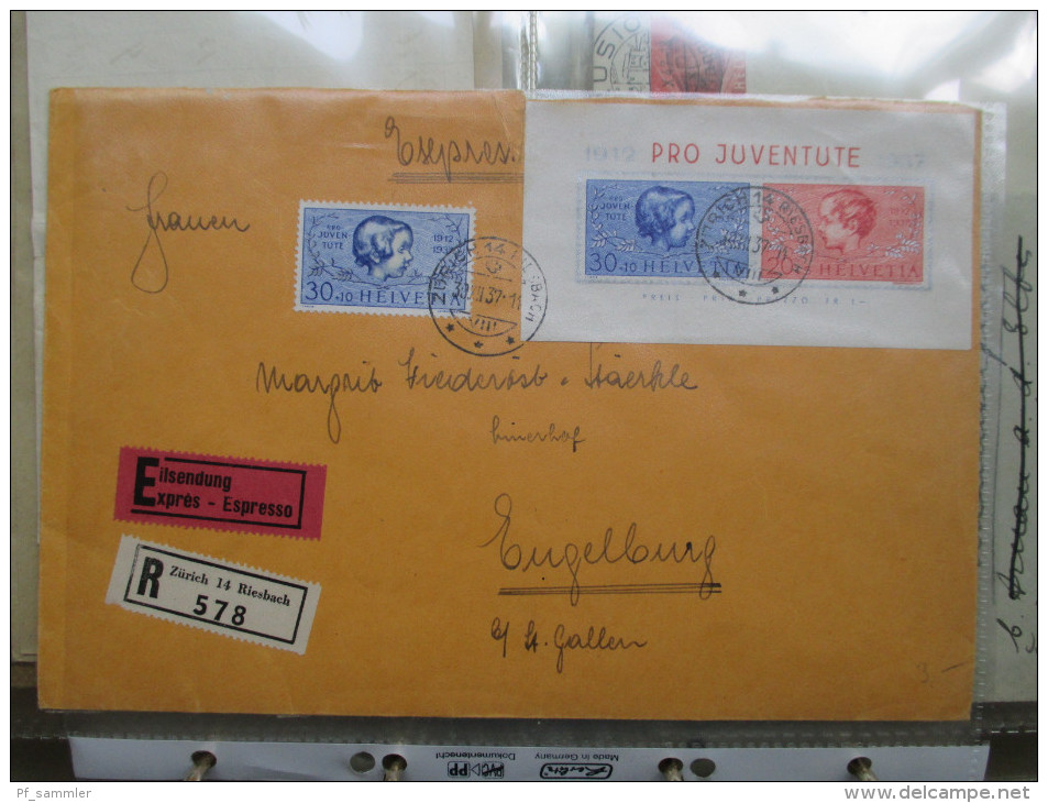 Schweiz Belege Slg. 107 Stk. Ab 1841 Viel Vor 1945 Mit Zensurpost / Ganzsachen / Firmenkarten / Block 3 Expressbrief Usw - Collections (en Albums)