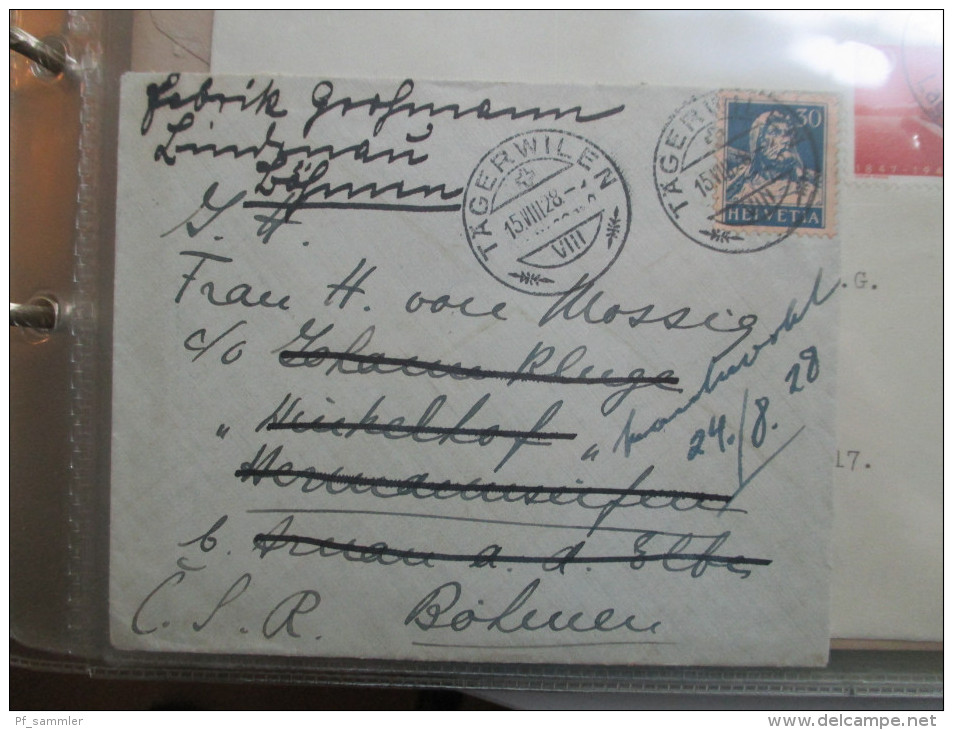 Schweiz Belege Slg. 107 Stk. ab 1841 viel vor 1945 mit Zensurpost / Ganzsachen / Firmenkarten / Block 3 Expressbrief usw