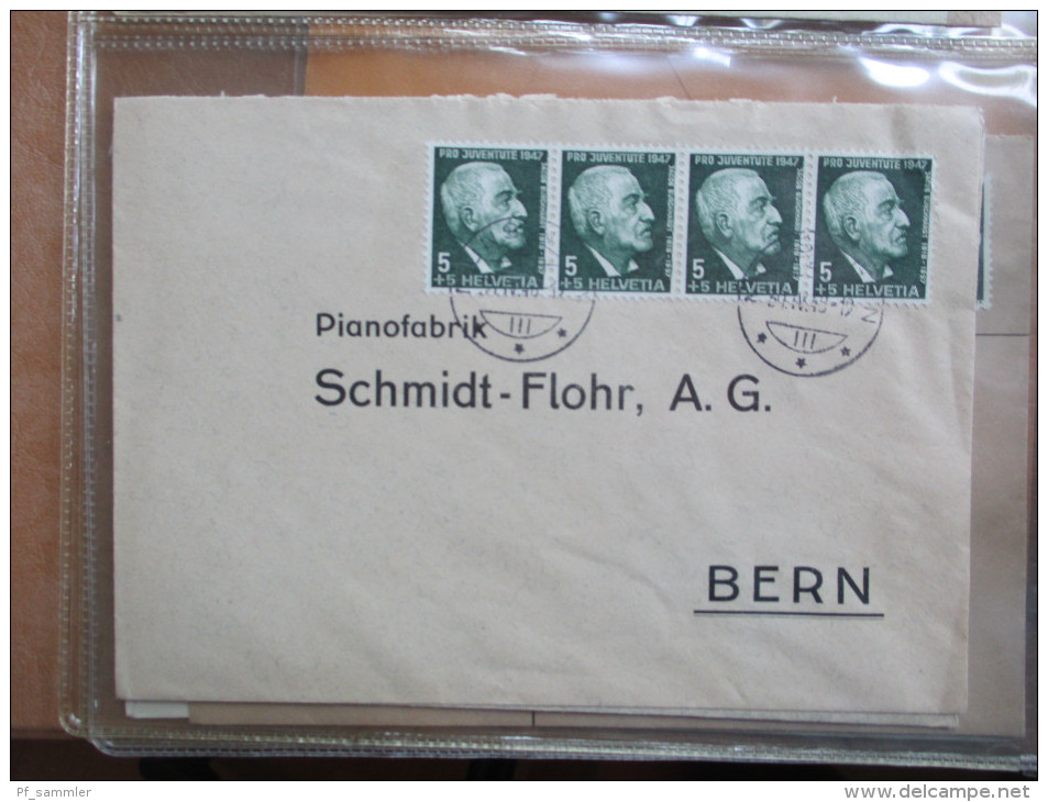 Schweiz Belege Slg. 107 Stk. ab 1841 viel vor 1945 mit Zensurpost / Ganzsachen / Firmenkarten / Block 3 Expressbrief usw