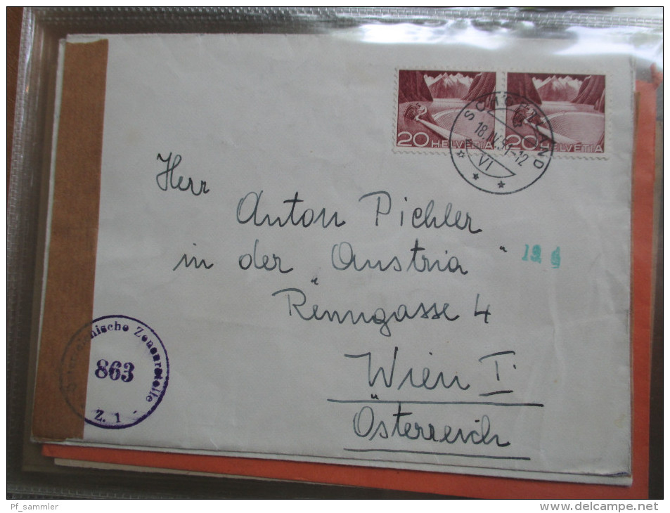 Schweiz Belege Slg. 107 Stk. ab 1841 viel vor 1945 mit Zensurpost / Ganzsachen / Firmenkarten / Block 3 Expressbrief usw