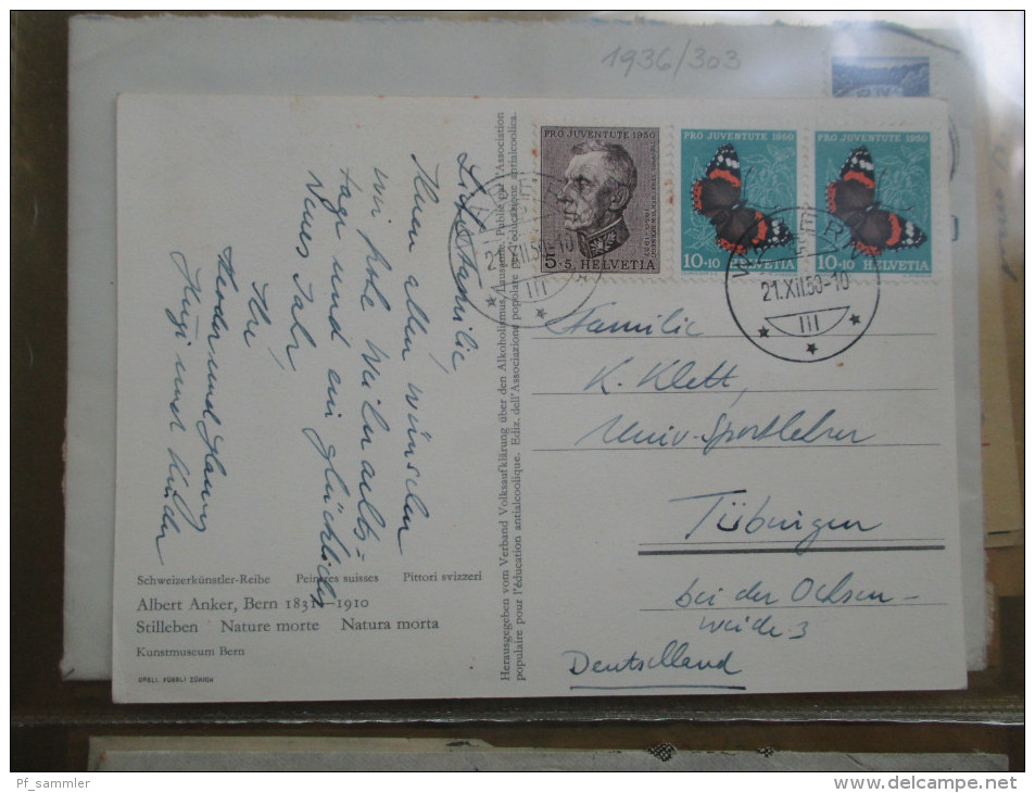 Schweiz Belege Slg. 107 Stk. ab 1841 viel vor 1945 mit Zensurpost / Ganzsachen / Firmenkarten / Block 3 Expressbrief usw