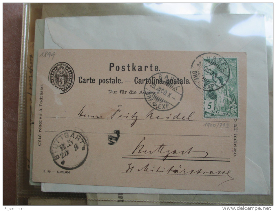 Schweiz Belege Slg. 107 Stk. ab 1841 viel vor 1945 mit Zensurpost / Ganzsachen / Firmenkarten / Block 3 Expressbrief usw