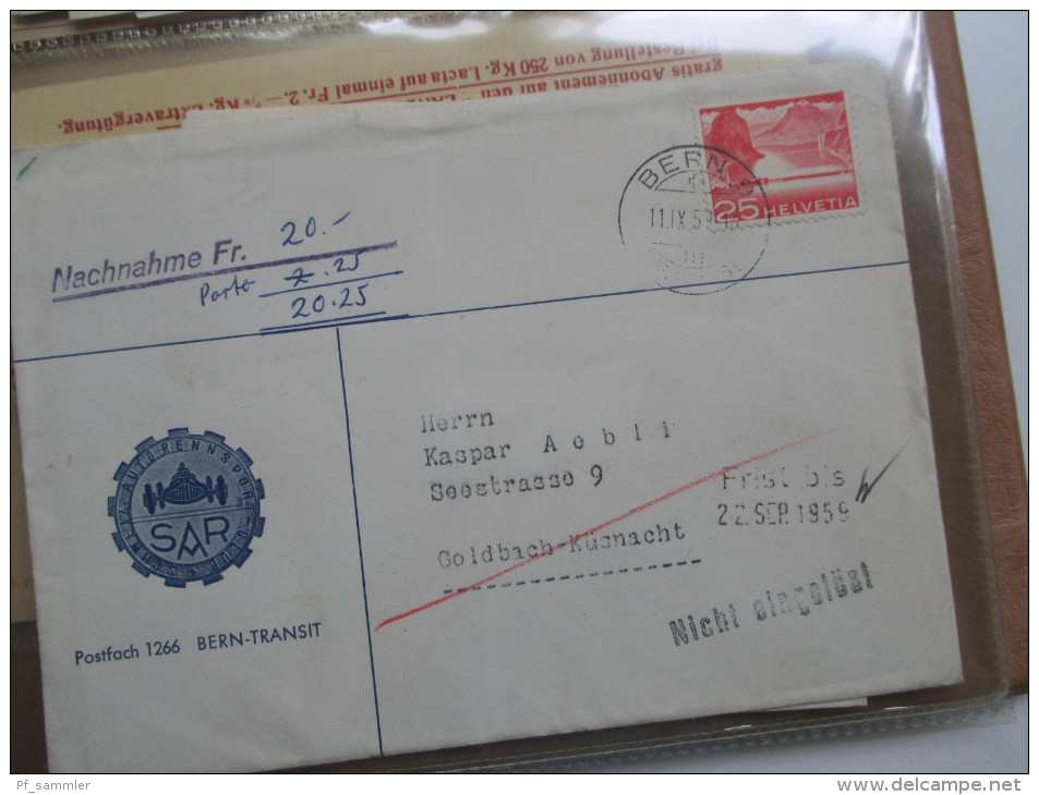 Schweiz Belege Slg. 107 Stk. ab 1841 viel vor 1945 mit Zensurpost / Ganzsachen / Firmenkarten / Block 3 Expressbrief usw