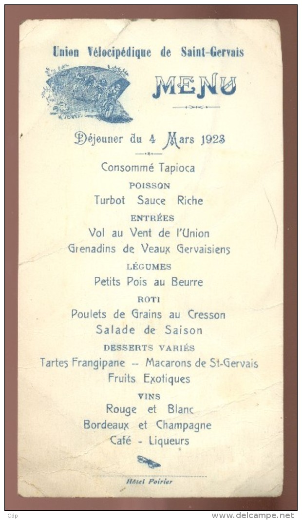 Menu Union Vélocipédique De Saint Gervais Les Trois Clochers   Vienne   1923 - Cyclisme