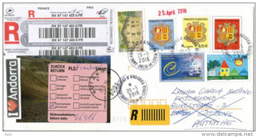 Entier Postal Andorranl Recommandé Adressé En Autriche.,et Retour. Timbres  Haute Faciale Casa Rull/Sispony, Etc - Lettres & Documents