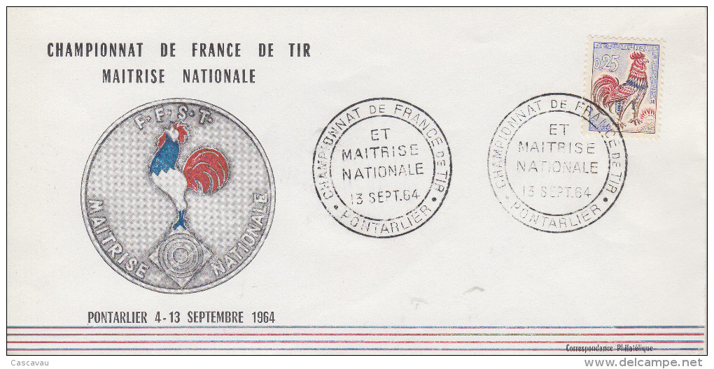 Enveloppe   FRANCE    Championnat  De   France  De  TIR    Maîtrise  Nationale   PONTARLIER   1964 - Waffenschiessen