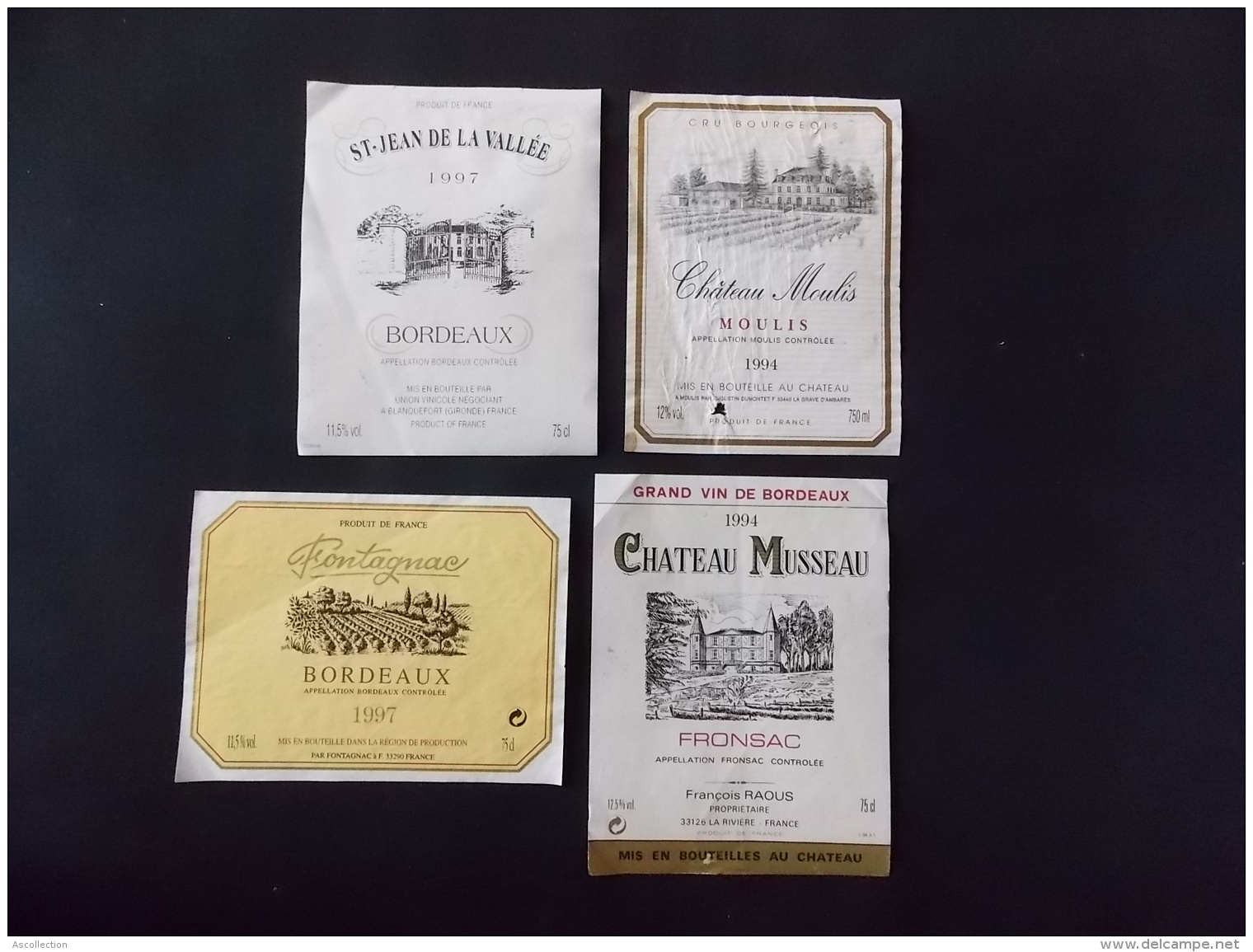 Lot 4 Etiquettes De Vin Chateau Musseau 1994 St Jean De La Vallée 1997 Chateau Moulis 1994 Fontagnac 1997 - Collections & Sets