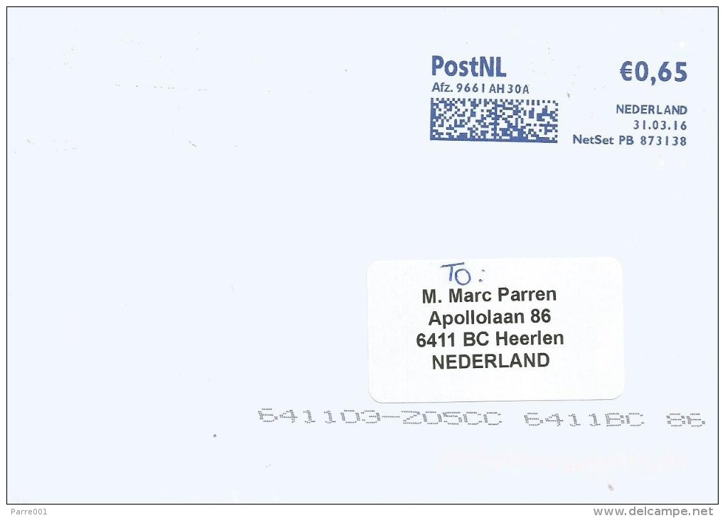 Netherlands Nederland 2016 Alteveer Meter Franking Frankeermachine Pitney Bowes PB 873138 EMA Cover - Máquinas Franqueo (EMA)