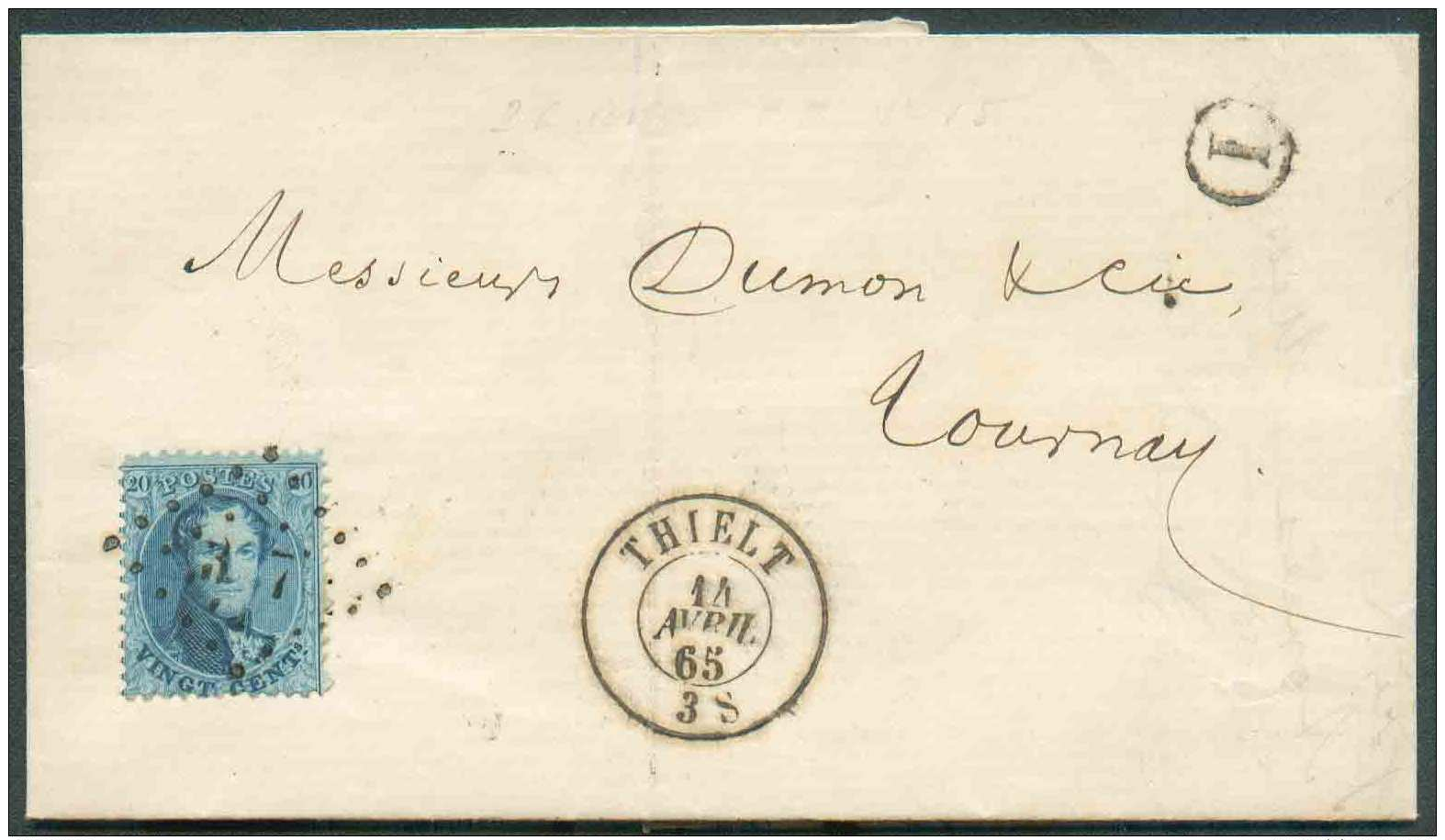 &nbsp;Superbe THIELT N°15 - Médaillon 20 Cent. Dentelé, Obl. LP.357 Sur Lettre... - Balkenstempel: Bahnpoststempel