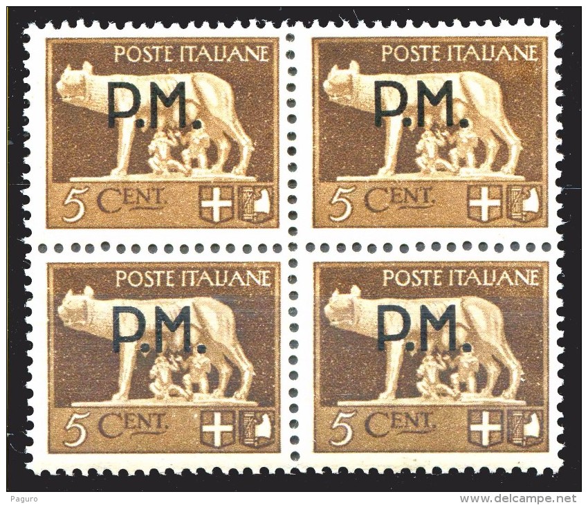 REGNO 1942 Quartina Posta Militare Cent. 5 C. Soprastampata P.M. PM MNH ** Integra - Correo Militar (PM)