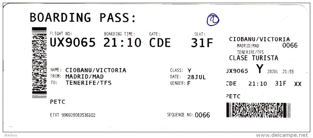Spain , Madrid - Tenerife  , Avion Ticket ,  2016 , Used - Europa