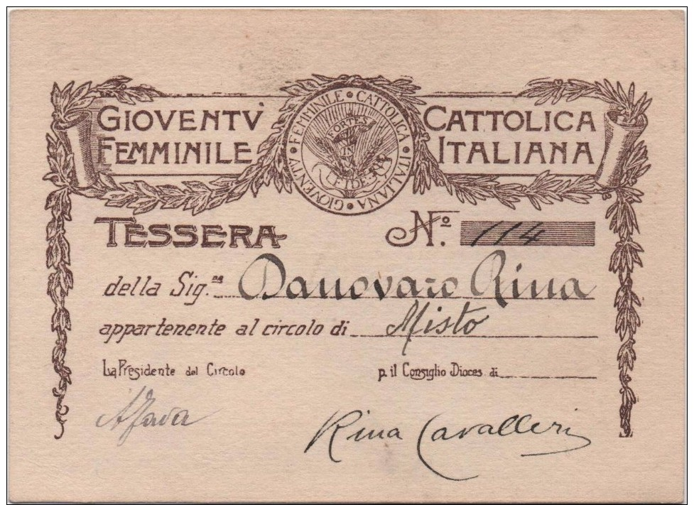 Tessera Della Gioventù Cattolica Femminile Italiana Obliterata Anno 1921-1922 - Devotion Images