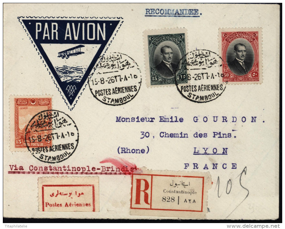 Avion Aviation 1er Vol Istanbul Athènes Brindisi / Turquie N°704 705 749 CAD Postes Aériennes Stamboul Env Recommandée - Oblitérés