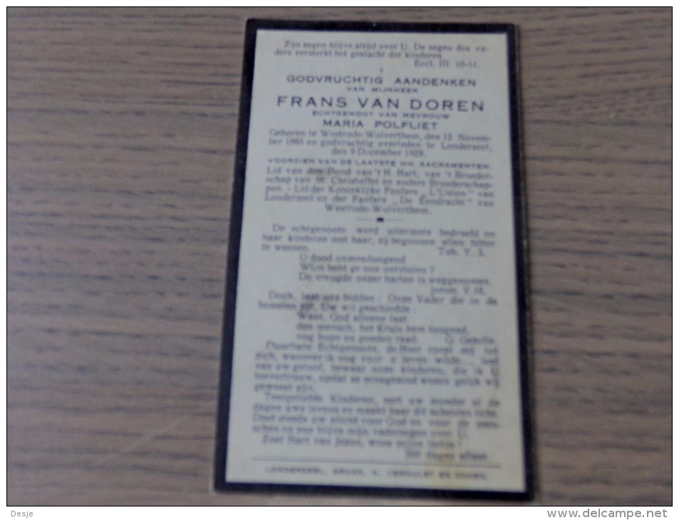 Frans VAN DOREN, Echtgenoot Van Maria POLFLIET Westrode Wolverthem 1865-1929 Londerzeel - Documentos Históricos