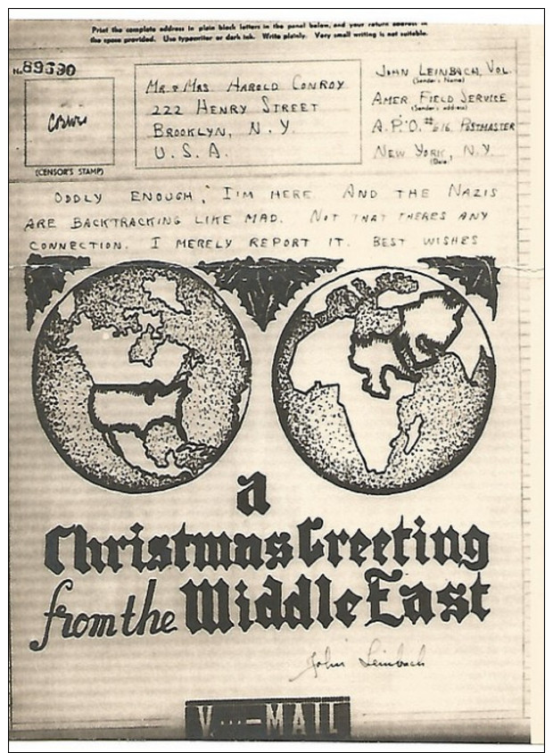 USA WWII V-Mail Illustré Carte From Middle East - Postal History