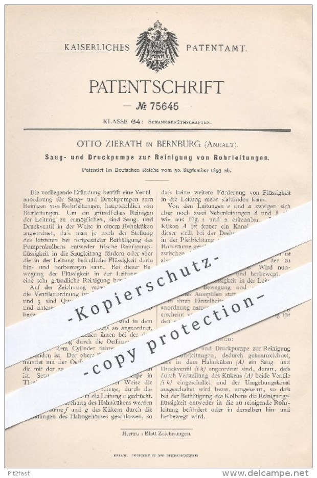 Original Patent - Otto Zierath In Bernburg , 1893 , Saugpumpe U. Druckpumpe Zur Reinigung Von Rohrleitungen , Pumpen !! - Historische Dokumente