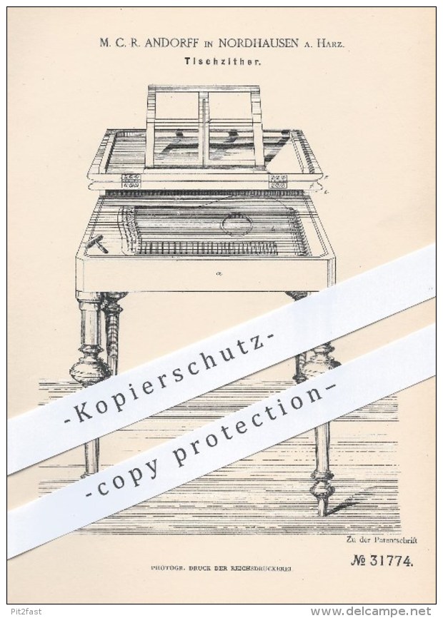 Original Patent - M. C. R. Andorff , Nordhausen / Harz  1884 , Tischzitter , Zitter , Zittern , Musikinstrumente , Musik - Historische Dokumente