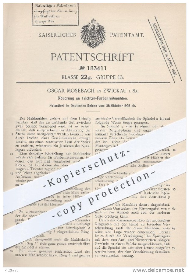 Original Patent - Oscar Mosebach In Zwickau , 1905 , Trichter - Farbenreibmühlen , Mühlen , Mühle , Müllerei , Mahlstein - Historische Dokumente
