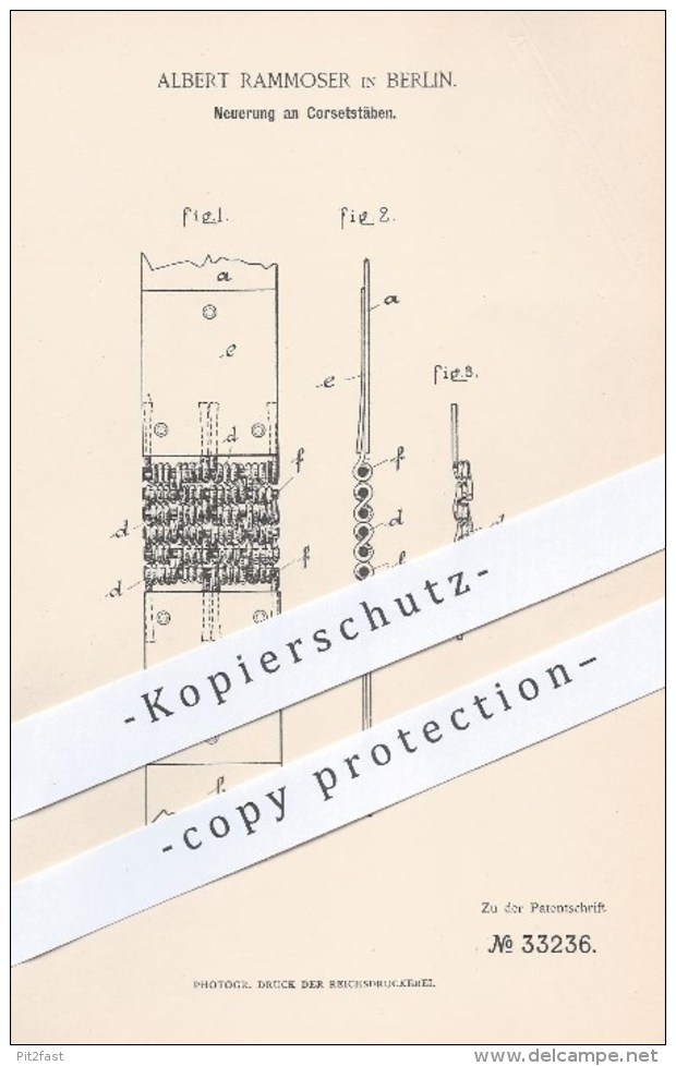 Original Patent - Albert Rammoser , Berlin , 1885 , Korsettstäbe , Korsett , Bekleidung , Mode , Schneider , Schneiderei - Historische Dokumente