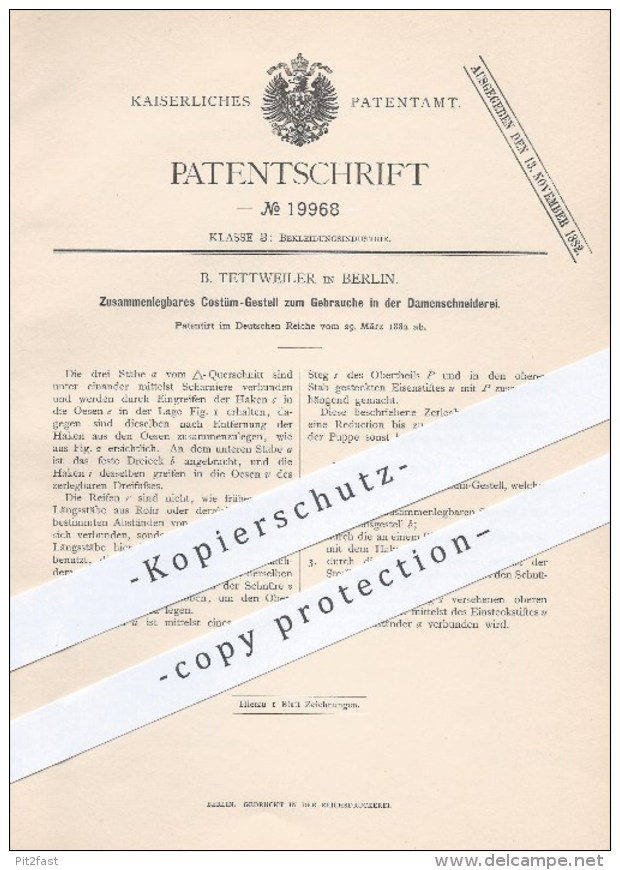 Original Patent - B. Tettweiler In Berlin , 1882 , Kostüm - Gestell , Schneiderpuppe , Damenschneiderei , Schneider !!! - Historische Dokumente