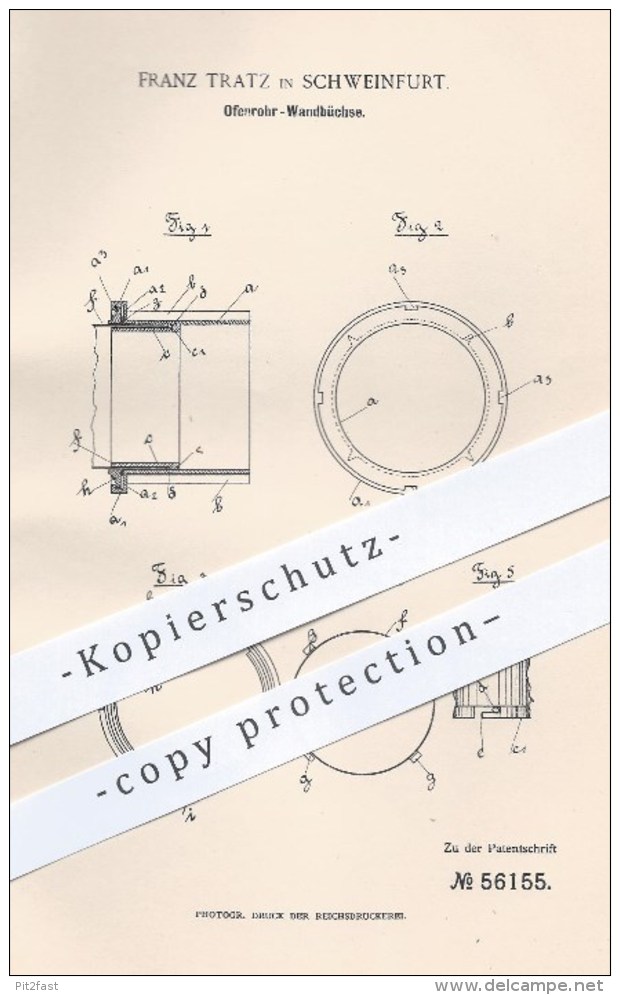 Original Patent - Franz Tratz In Schweinfurt , 1890 , Ofenrohr - Wandbüchse , Ofen , Öfen , Kamin , Heizung , Feuerung ! - Historical Documents