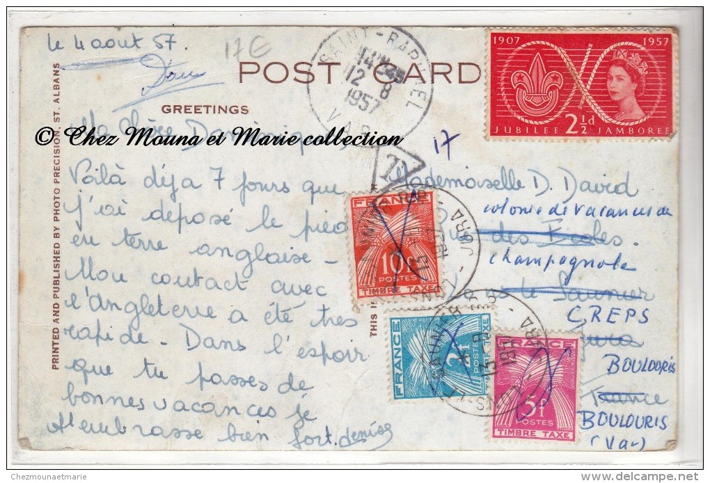 GRANDE BRETAGNE - ST ALBANS CHAMPAGNOLE BOULOURIS - TAXEE 17F - CAD LONS LE SAUNIER ET SAINT RAPHAEL - Postmark Collection