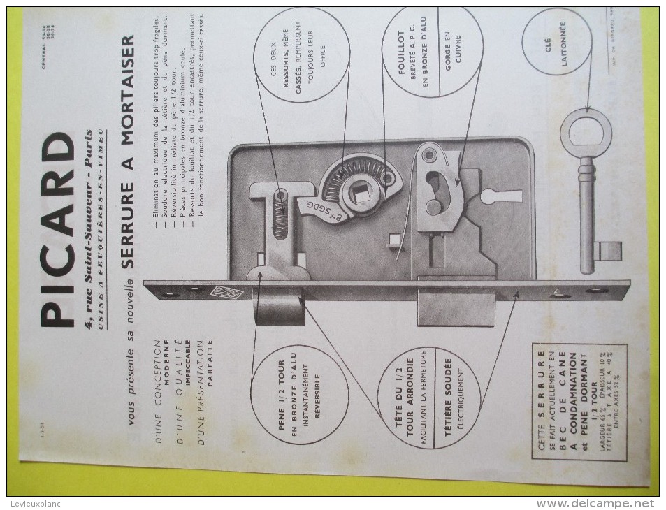 Serrurerie/ PICARD/rue Saint Sauveur/PARIS/Verrou à Cylindre/Serrure à Mortaiser/1949      VPN53 - Autres & Non Classés