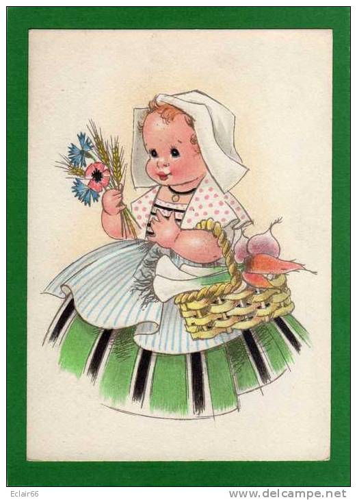 LA PETITE  PICARDE     Enfant  Avec Son Panier De Légumes  Et Fleur  Bleuet  Coquelicot Et épis De Blé CP  Année 1950 - Picardie