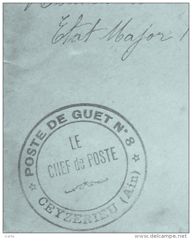 Cachet POSTE DE GUET N°8 CEYZERIEU AIN Sur Enveloppe Franchise Militaire Oblitération GARE DE CULOZ 1916 Vers Lyon - Guerra De 1914-18