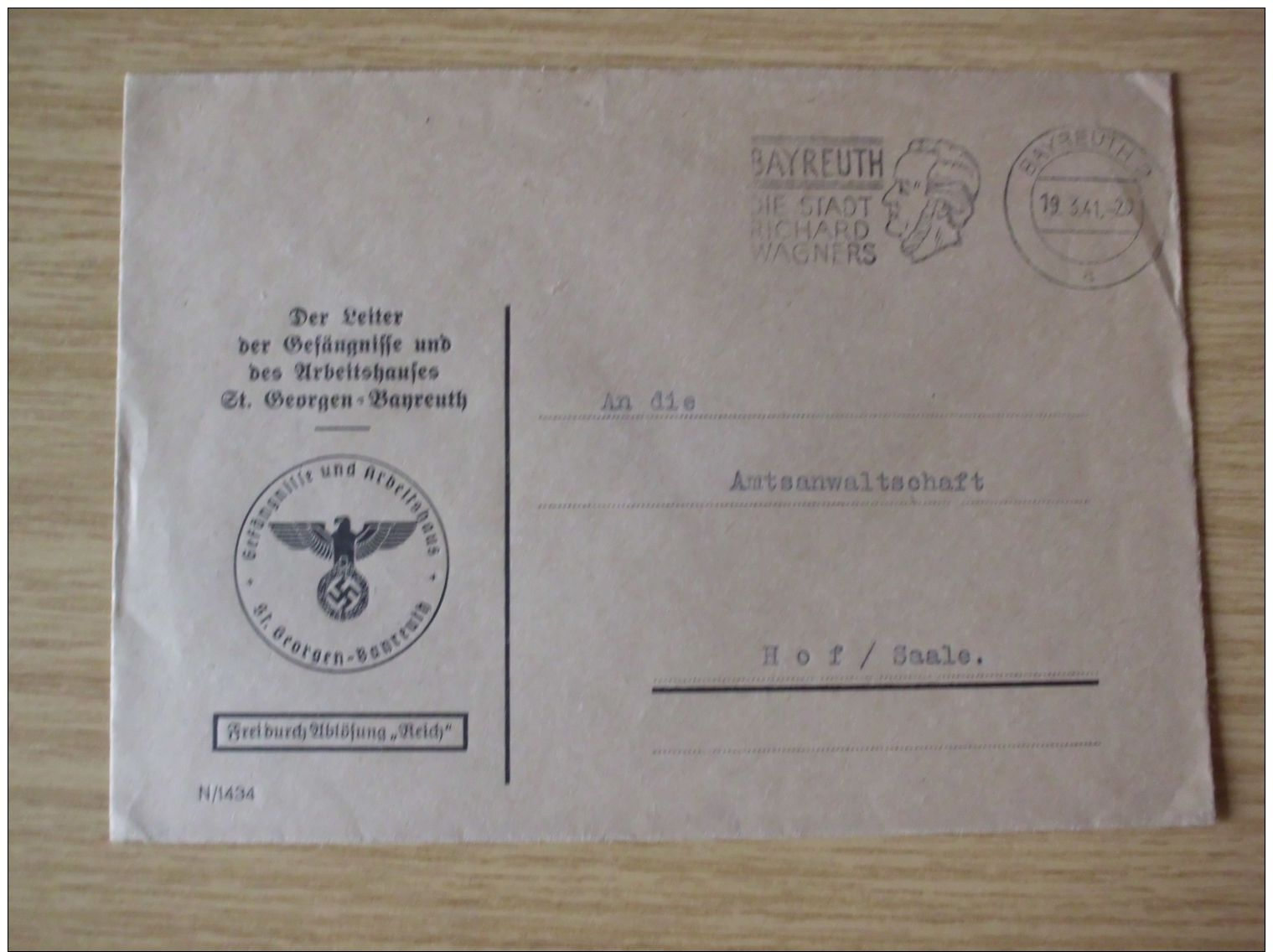 19.03.1941, DIENSTBELEG Des LEITERS DER GEFÄNGNISSE UND DES ARBEITSHAUSES St. GEORGEN - BAYREUTH, RICHARD-WAGNER-AFS - Storia Postale