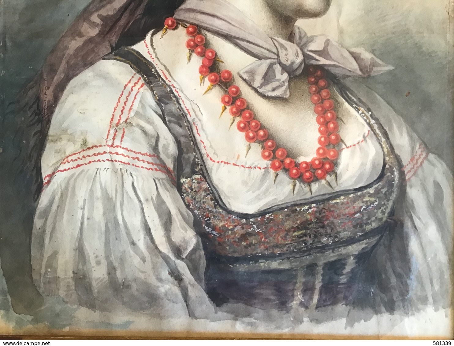 ACQUARELLO  Dell'800 " Ritratto Femminile In Costume "  30x40 , Cornice Dell'epoca - Watercolours