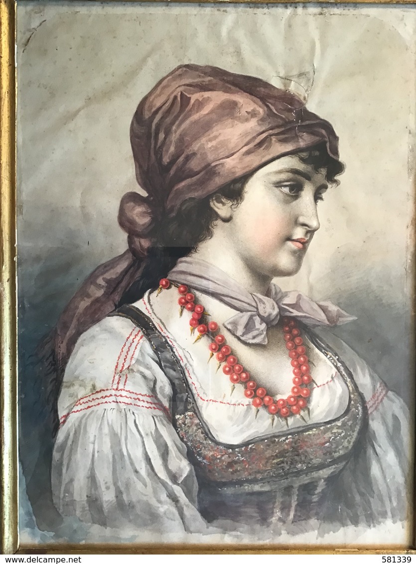 ACQUARELLO  dell'800 " Ritratto femminile in costume "  30x40 , cornice dell'epoca