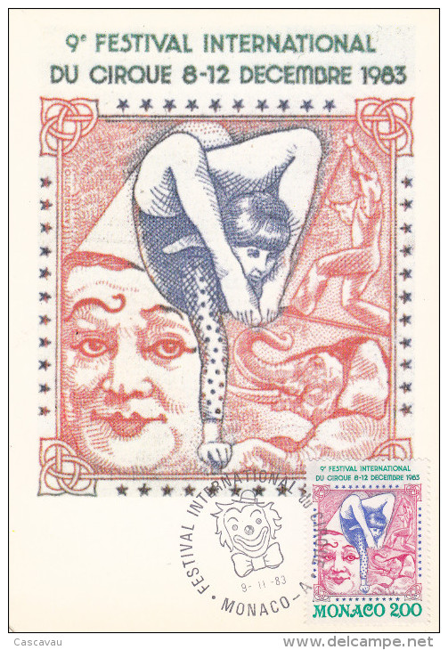 Carte Maximum  1er Jour  MONACO   FESTIVAL  INTERNATIONAL  Du  CIRQUE    1983 - Circus