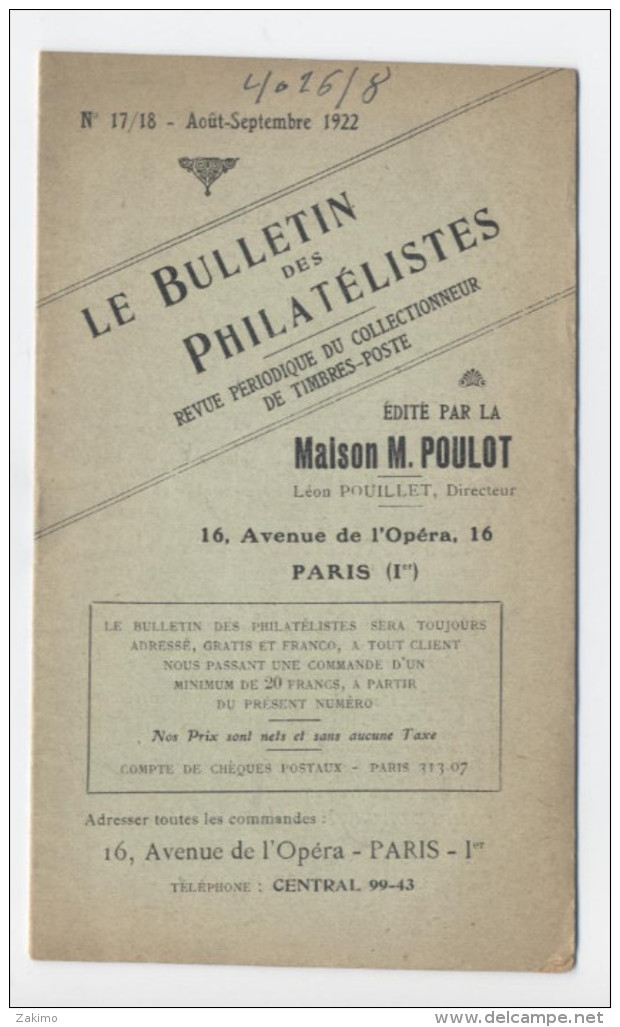 1922-BULLETIN DES PHILATELISTES--PARIS 1ER  -E500 - Francia