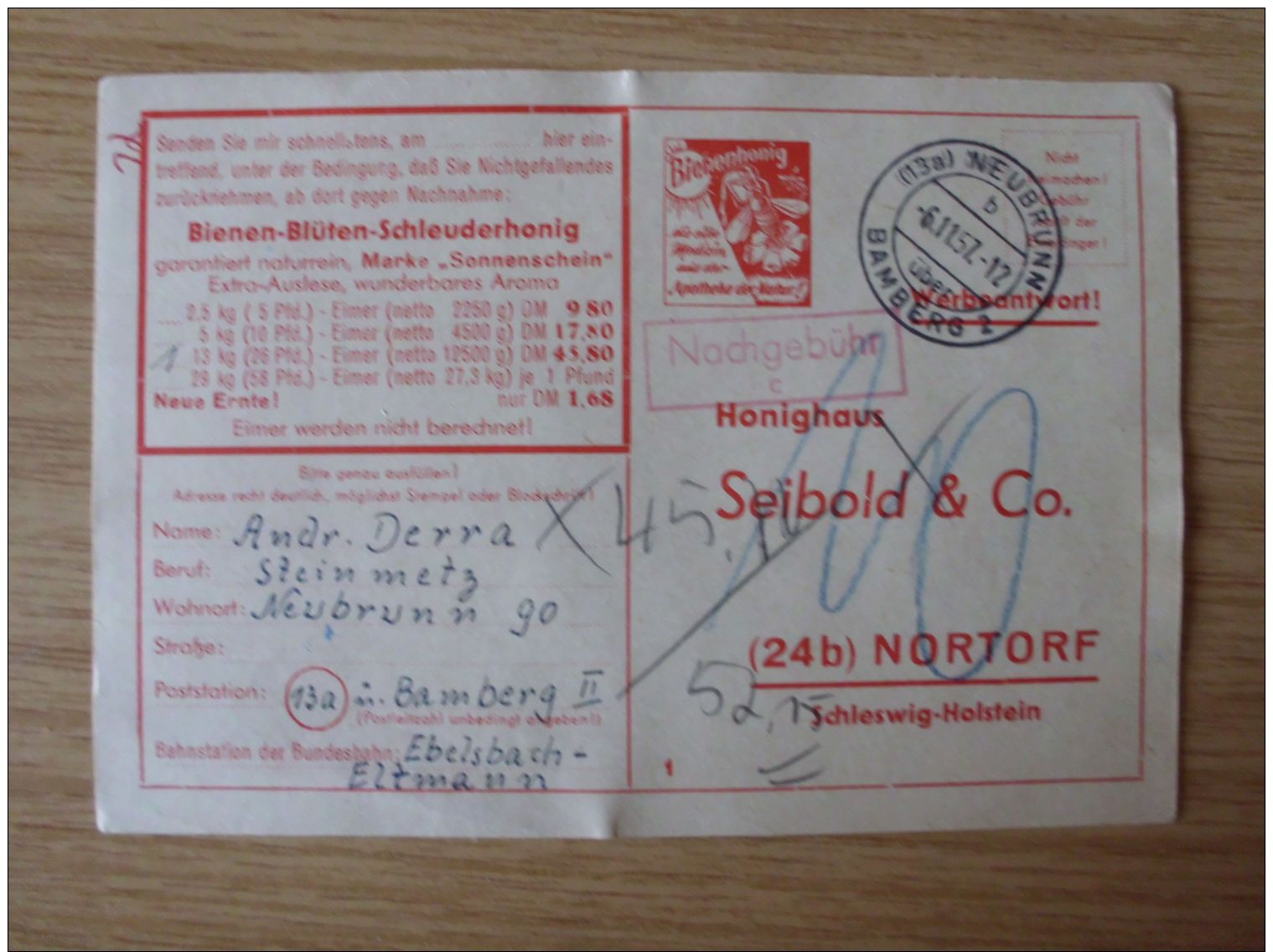 06.11.1957, WERBEKARTE HONIGHAUS SEIBOLD Mit STEMPEL Von NEUBRUNN über BAMBERG 2, NACHGEBÜHR - Storia Postale