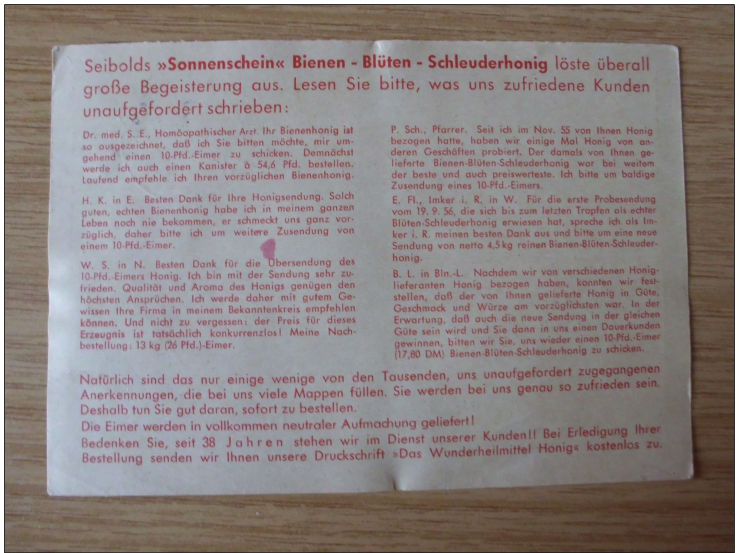 06.11.1957, WERBEKARTE HONIGHAUS SEIBOLD Mit STEMPEL Von NEUBRUNN über BAMBERG 2, NACHGEBÜHR - Lettres & Documents