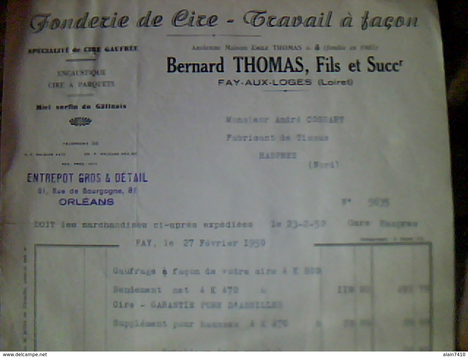 Vieux  Papiers Facture Fonderie De Cire Travail A Facon Bernard Thomas Et Fils A Fay-aux-loges Annee 1950 - Autres & Non Classés