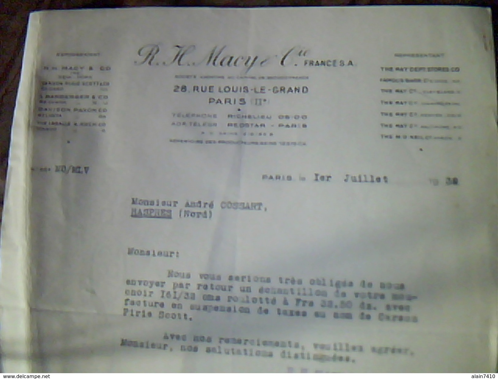 Vieux  Papiers Lettre A Entete  Societee De Tissus Franco Americaine Macy Et Cie A Paris Rue Louis Le Grand Annee 1939 - United States